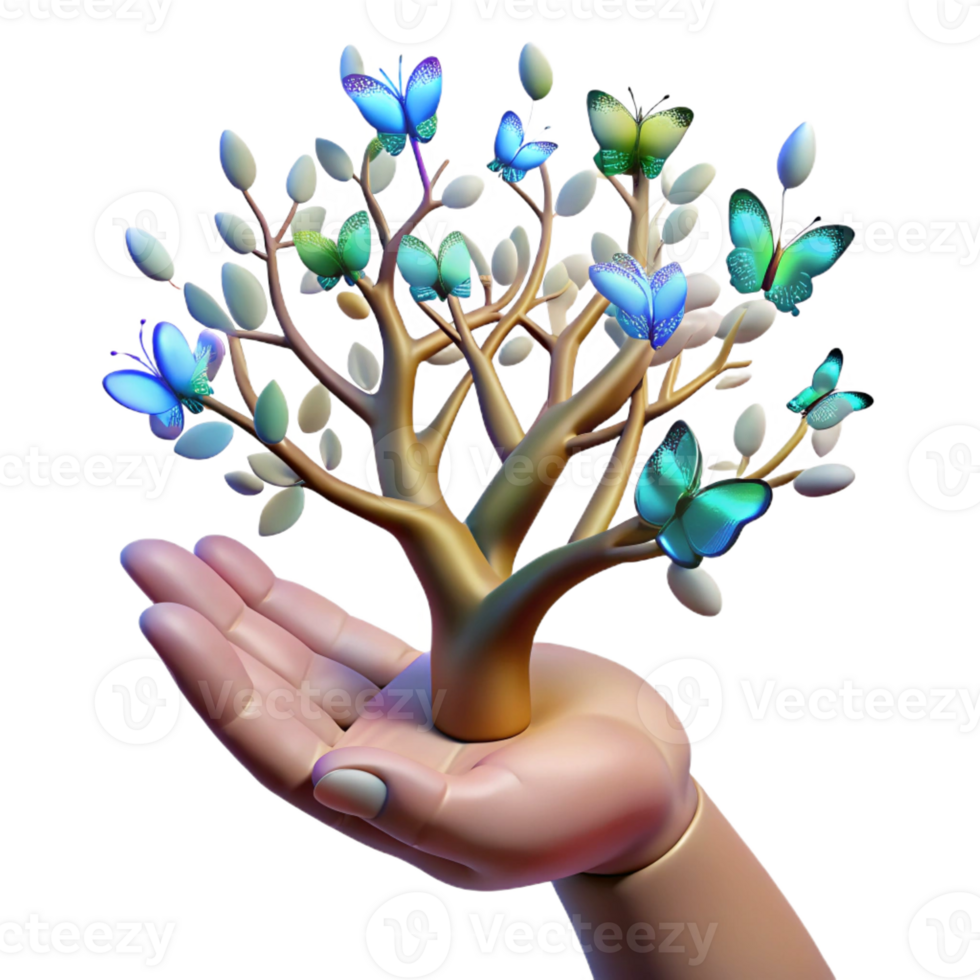 magnificent traditional A human hand transforming into a tree with branches of light and leaves of butterflies, in a surrealist style, premium png