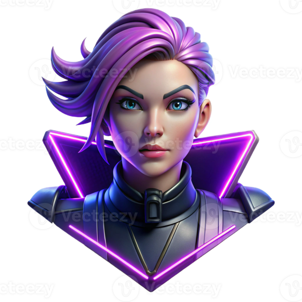 elegant traditional Portrait of a cyberpunk woman with vibrant purple hair, glowing cybernetic implants, and a defiant expression, lit by neon signs, in a digital art style high resolution png