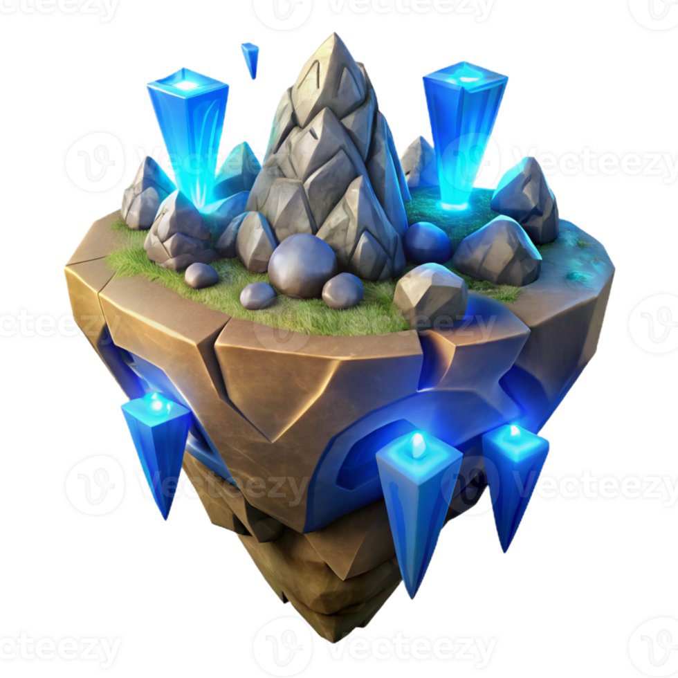 stunning contemporary A floating island composed of earth and rock, held aloft by glowing blue runes, illuminated by sunlight, in a high fantasy art style original png