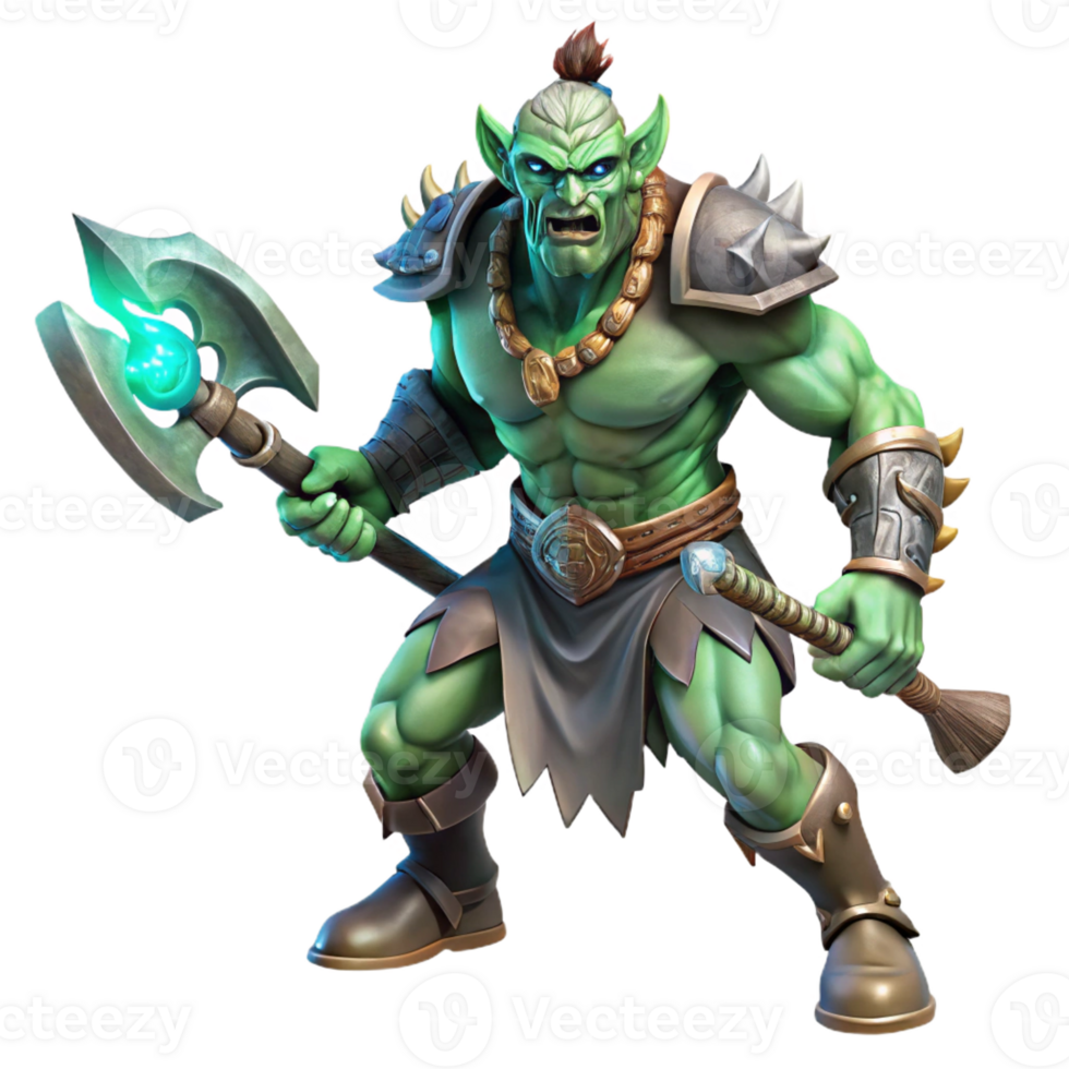 beautiful classic A fierce, tribal orc warrior wielding a glowing rune-etched axe, with intricate war paint, in a dynamic, action pose. Dramatic, chiaroscuro lighting. Comic book style premium png
