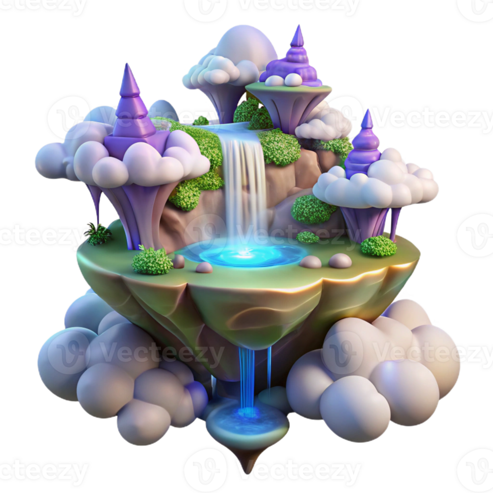 magnificent abstract A floating island surrounded by swirling clouds and waterfalls of light, vibrant colors, fantasy art style professional png