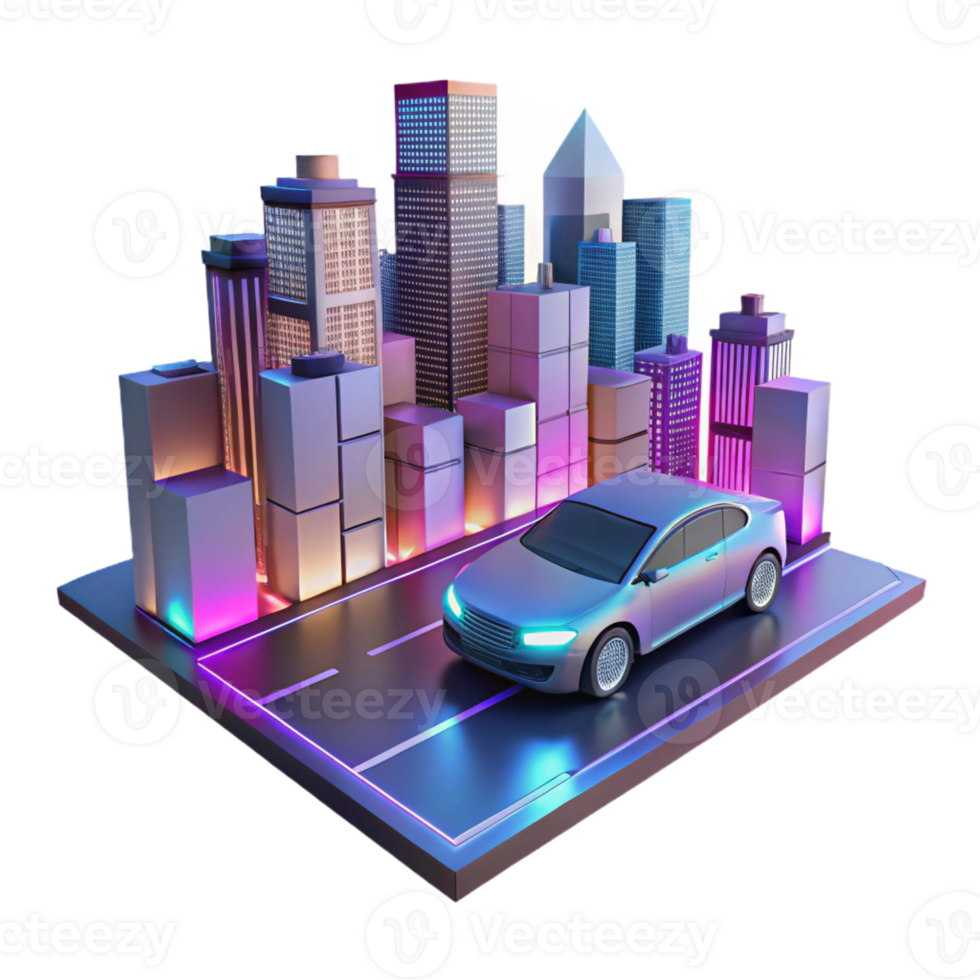 dramatic traditional A self-driving car navigating a virtual cityscape, glowing headlights and taillights, neon-lit streets, futuristic style professional png