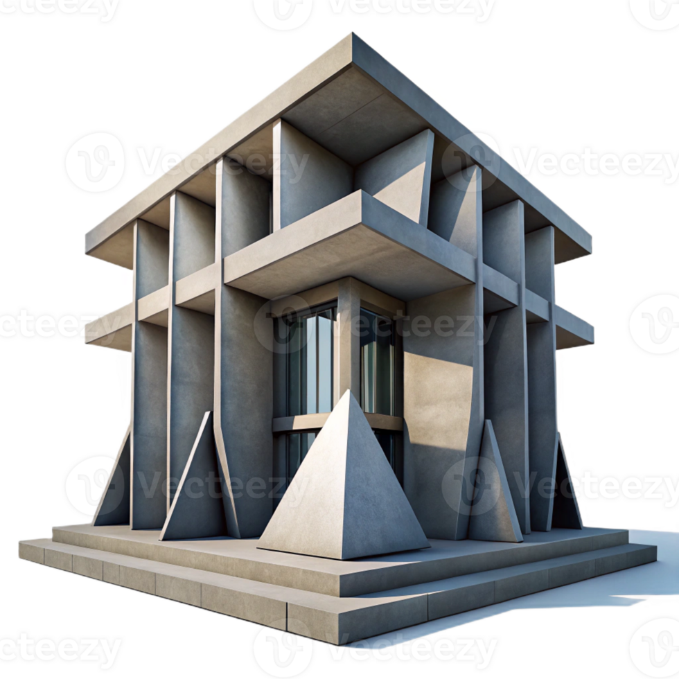 dramatic contemporary Brutalist concrete library, stark geometric forms, overcast sky, dramatic shadows, imposing and monumental scale high quality png