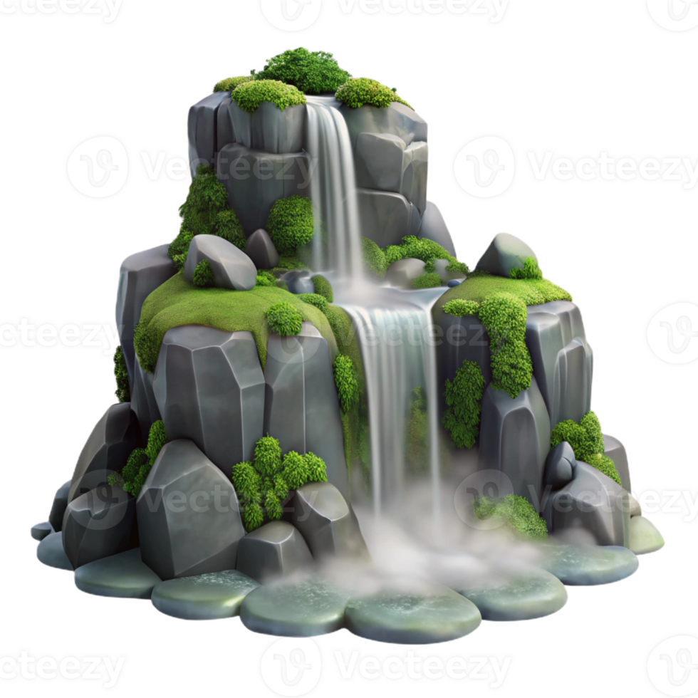 magnificent modern Waterfall cascading down moss-covered rocks, misty atmosphere, tranquil, nature photography, genuine png
