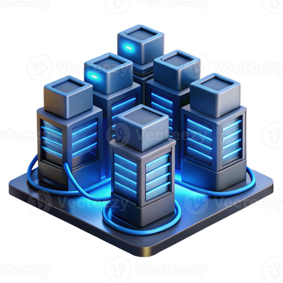 dramatic classic A futuristic data center with rows of servers and glowing cables, complex network infrastructure, cool blue lighting, technical illustration style 4K png