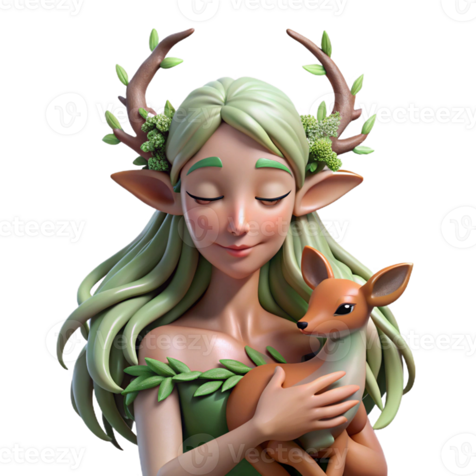 impressive contemporary A serene dryad with bark-like skin and flowing vine hair, cradling a fawn, bathed in dappled sunlight filtering through ancient trees. Impressionist style genuine png