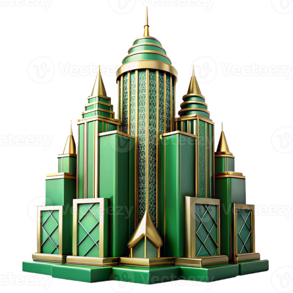 wonderful traditional Art Deco skyscraper, emerald green and gold accents, volumetric lighting, highly polished surfaces, intricate geometric patterns premium png