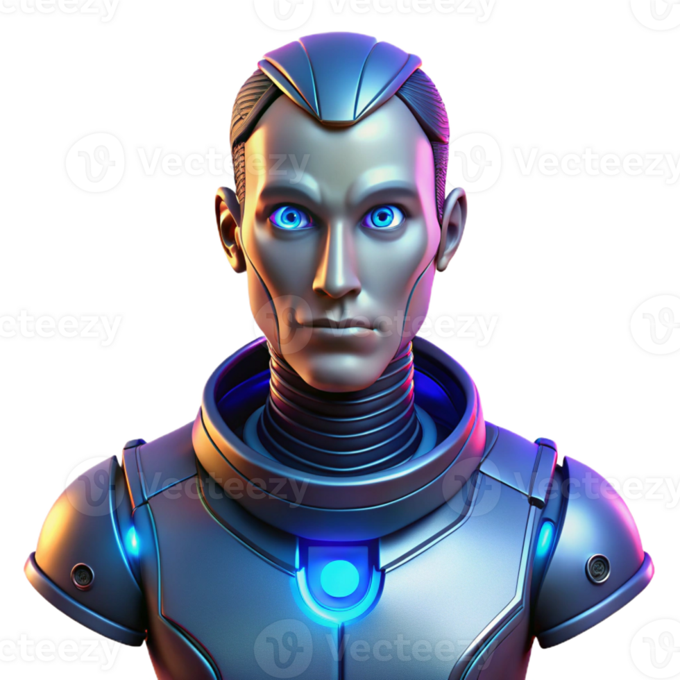 elegant contemporary Portrait of a futuristic android with sleek metallic features, glowing eyes, and a stoic expression, lit by neon lights, in a cyberpunk art style high resolution png