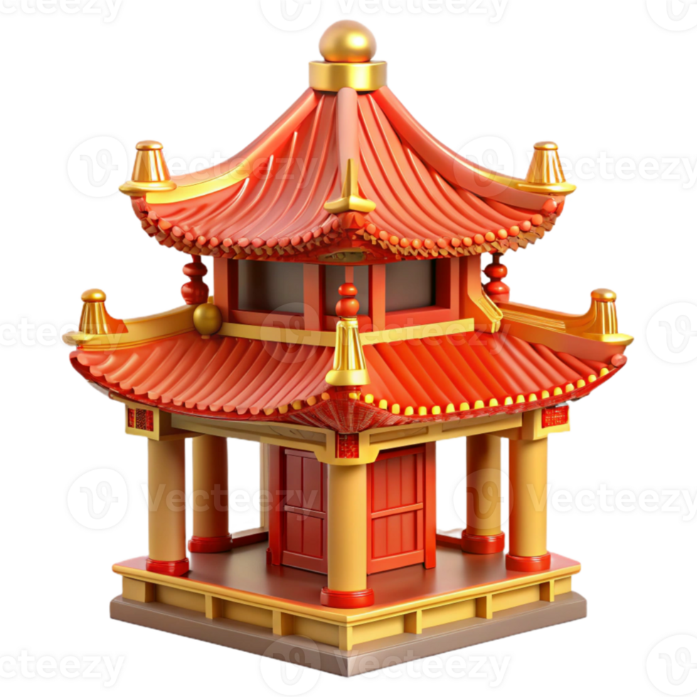 dramatic abstract A traditional Chinese pagoda, intricate carvings, vibrant red and gold, ornate details, architectural rendering style detailed png