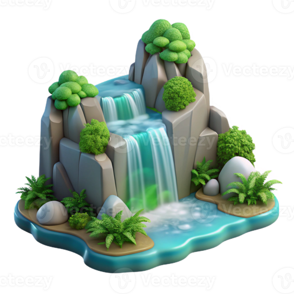 impressive contemporary A cascading waterfall, surrounded by lush greenery, long exposure photography, realistic style 4K png