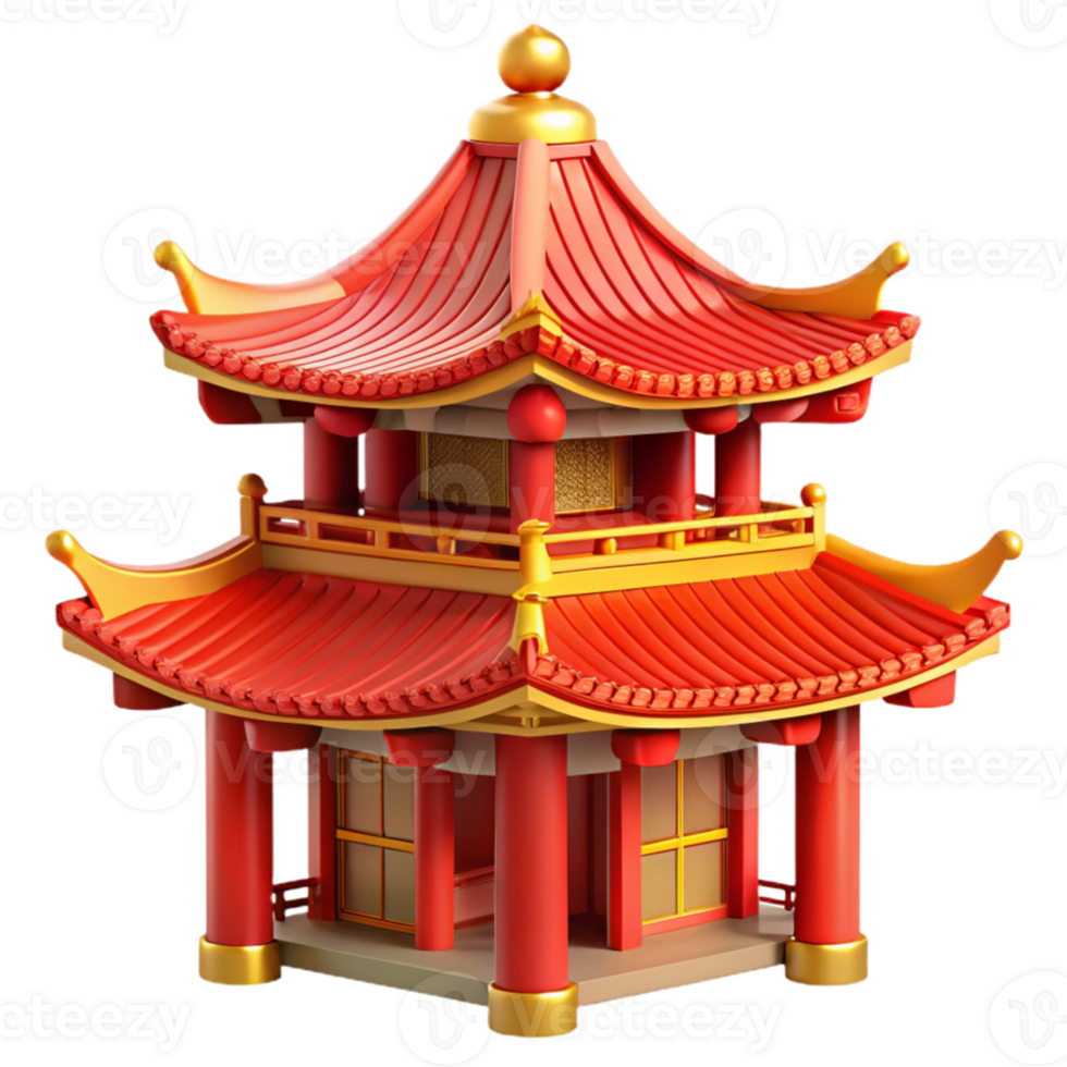 beautiful creative Traditional Chinese pagoda, intricate roof details, red and gold accents, bright daylight, oriental style original png
