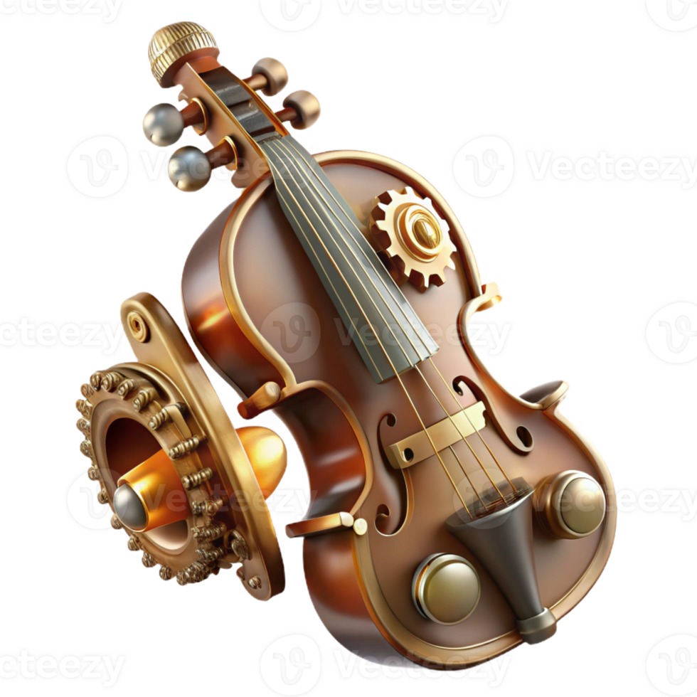 impressive traditional A steampunk musical instrument, resembling a violin, with gears and pipes incorporated into its design, lit by a soft, stage lighting exclusive png