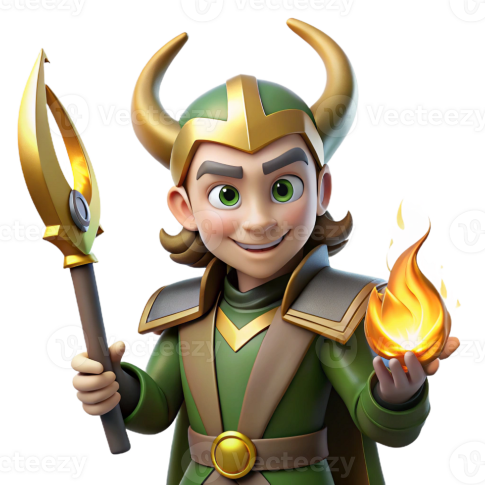 beautiful minimalist A cunning Loki, the Norse trickster god, with a mischievous grin, holding a flaming sword, illuminated by flickering firelight. Norse style premium png
