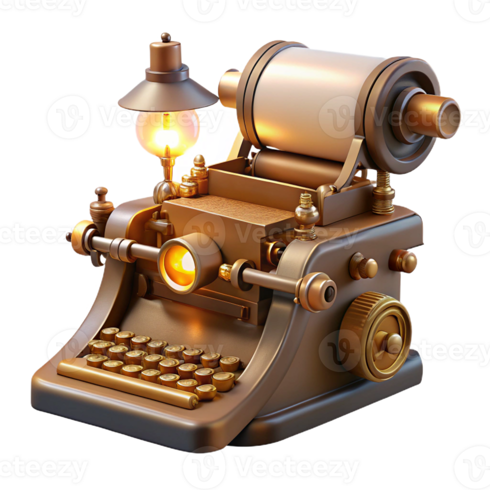 wonderful classic A steampunk typewriter, with brass keys and intricate clockwork mechanisms, typing on a roll of parchment, lit by a warm, desk lamp light premium png