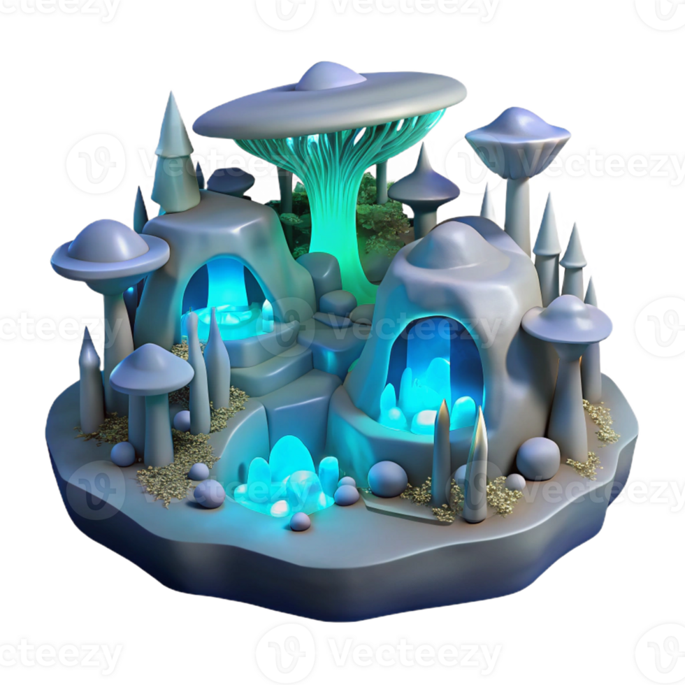 extraordinary minimalist Underground city lit by bioluminescent fungi, organic architecture, cavernous spaces, ethereal glow high resolution png