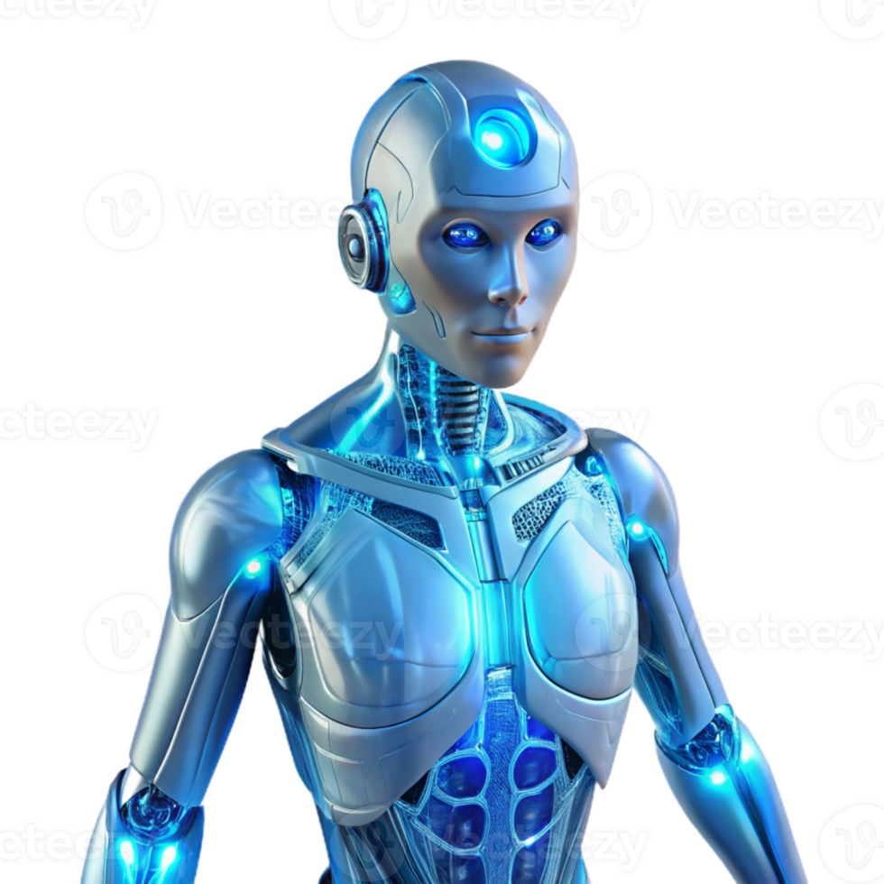extraordinary artistic A transparent humanoid android with glowing circuitry, intricate internal mechanisms visible, ethereal blue backlighting, futuristic style authentic png