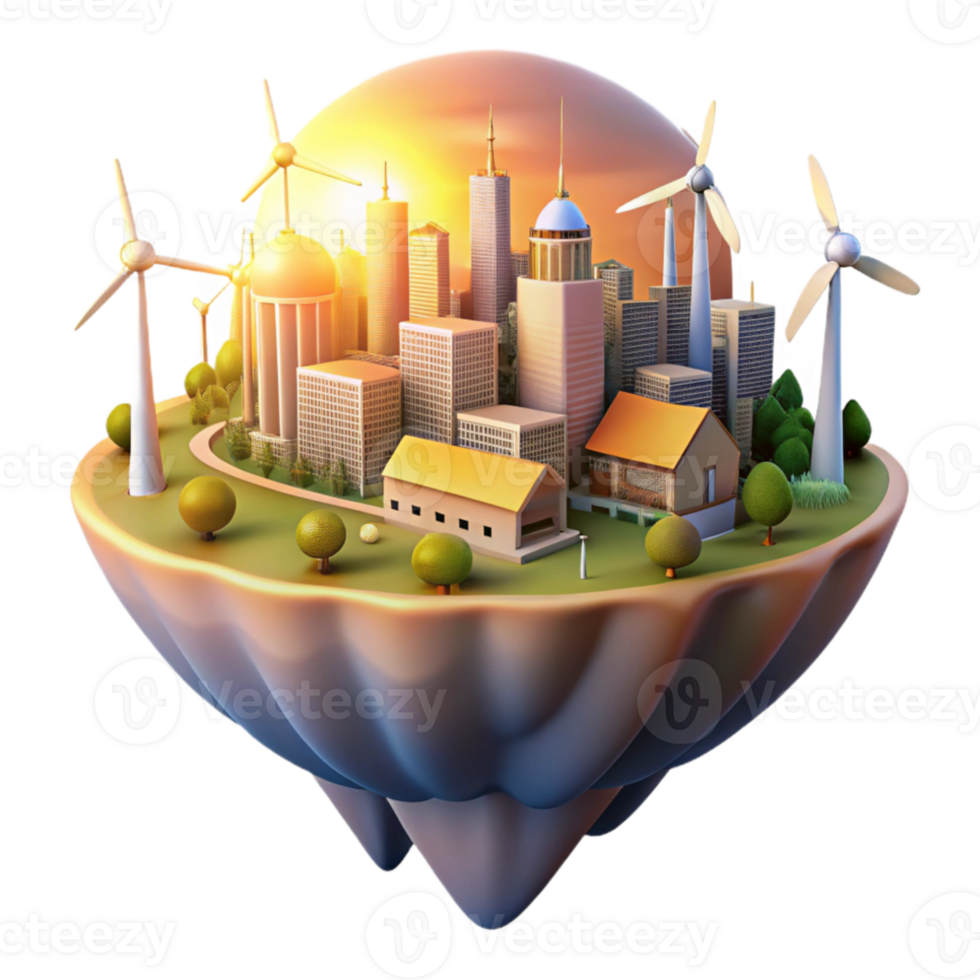 elegant abstract A floating island city powered by wind turbines and solar panels, bathed in the warm glow of sunrise, in a utopian style professional png