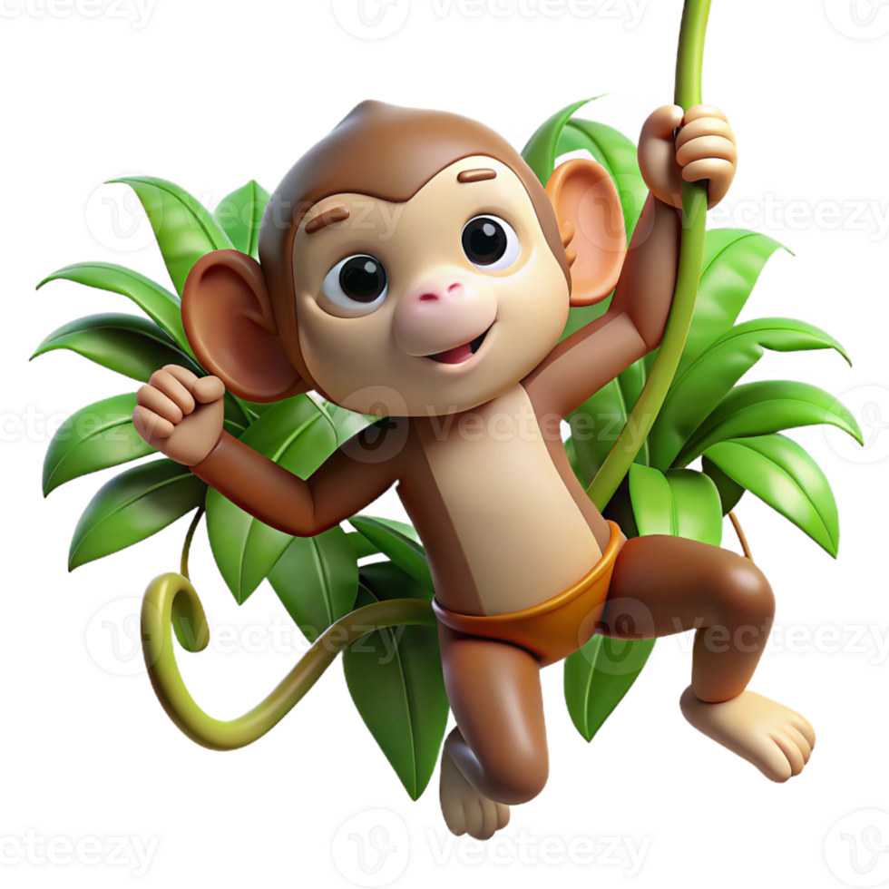serene creative A curious monkey swinging through jungle vines, illuminated by dappled, tropical rainforest light, rendered in a dynamic, adventure cartoon style high quality png