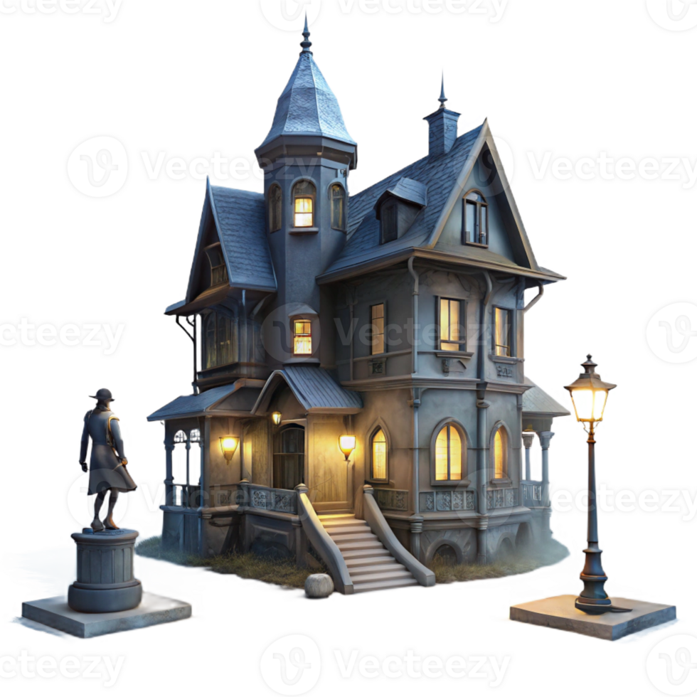 impressive rustic A decaying Victorian mansion, shrouded in thick fog, lit by a single flickering gas lamp in the hallway, with a shadowy figure lurking in the distance. Greg Rutkowski style detailed png