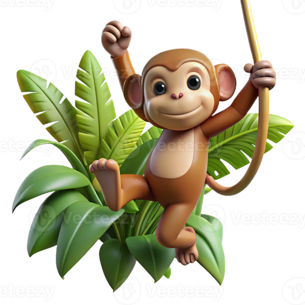 extraordinary contemporary A curious monkey swinging through jungle vines, illuminated by dappled, tropical rainforest light, rendered in a dynamic, adventure cartoon style exclusive png