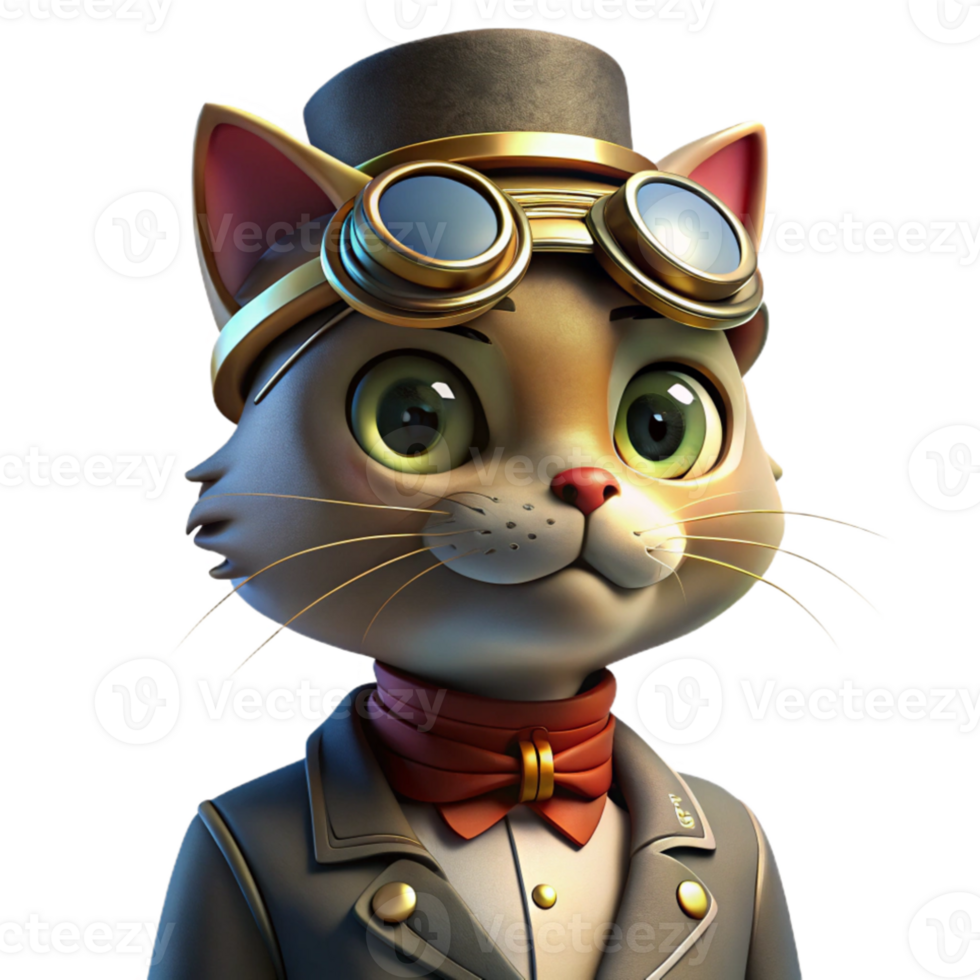 wonderful creative A portrait of a steampunk cat wearing goggles and a tiny top hat, illuminated by a warm, inviting light. Vintage illustration style high quality png