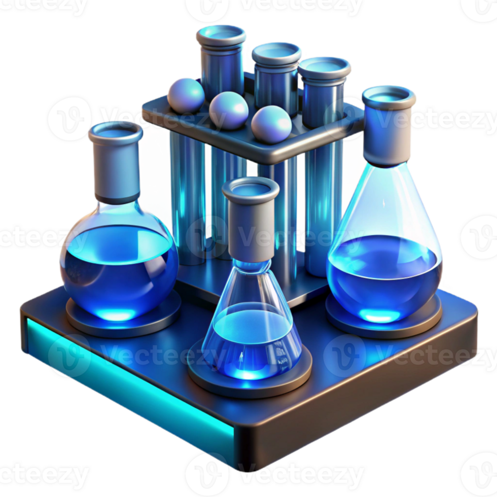 serene classic A futuristic laboratory filled with glowing test tubes and beakers, illuminated by cool blue laboratory lighting, in a sterile style high resolution png