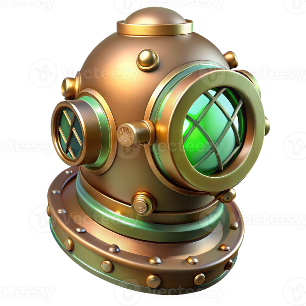 stunning abstract A steampunk diving helmet, with large, circular lenses and brass fittings, lit by the underwater, green-tinged light 4K png