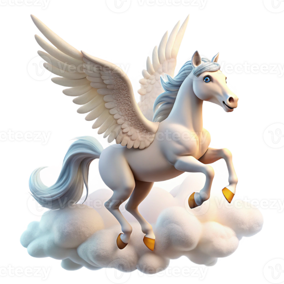 serene contemporary A majestic pegasus with feathered wings, soaring through the clouds, bathed in sunlight. Realistic style detailed png