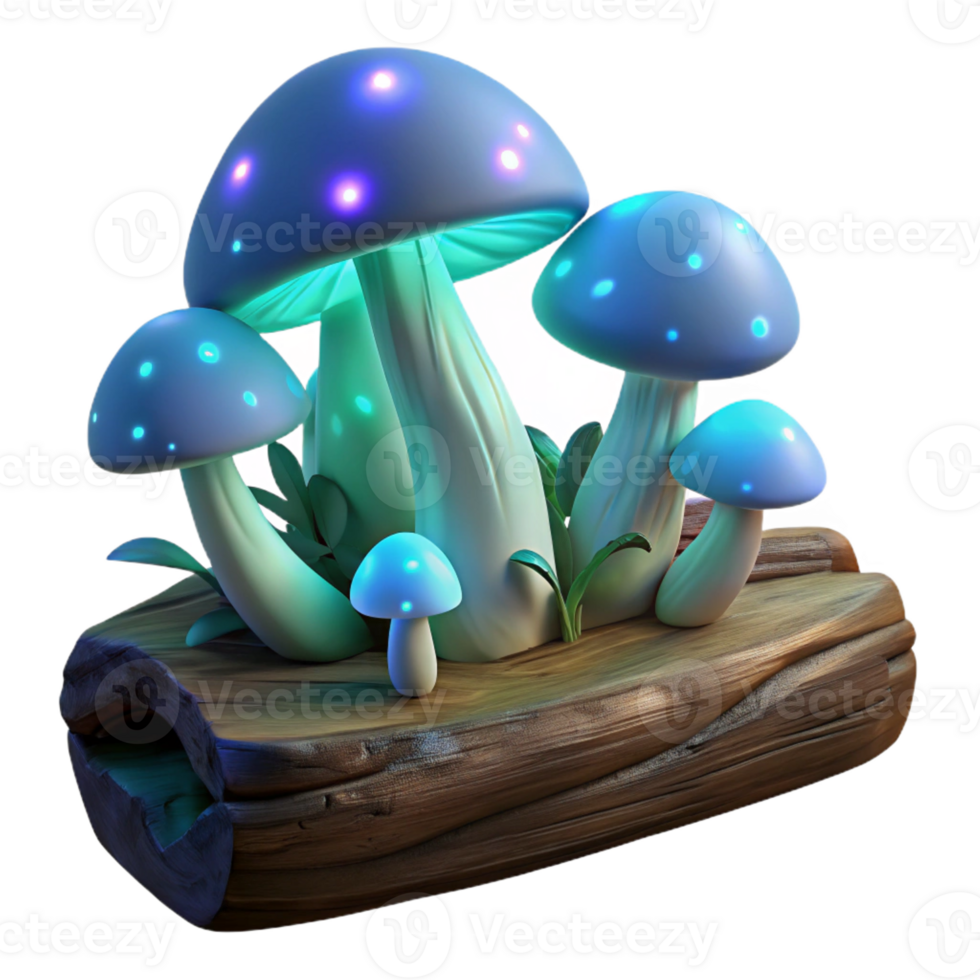 wonderful abstract Luminous bioluminescent mushrooms growing on a fallen log, dark forest setting, magical, fantasy art style, authentic png