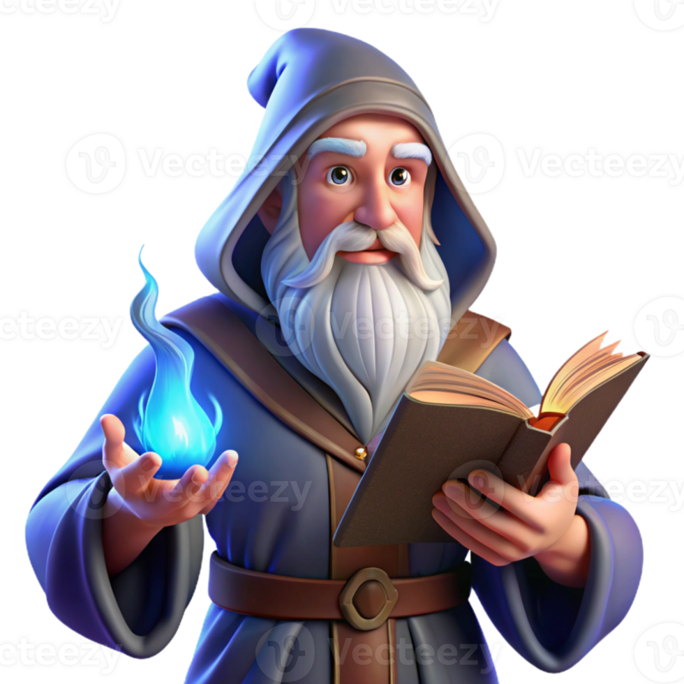 beautiful creative A wise old wizard with a long white beard and twinkling blue eyes, casting a spell with glowing runes, in a dusty library. Renaissance painting style, warm lighting high quality png