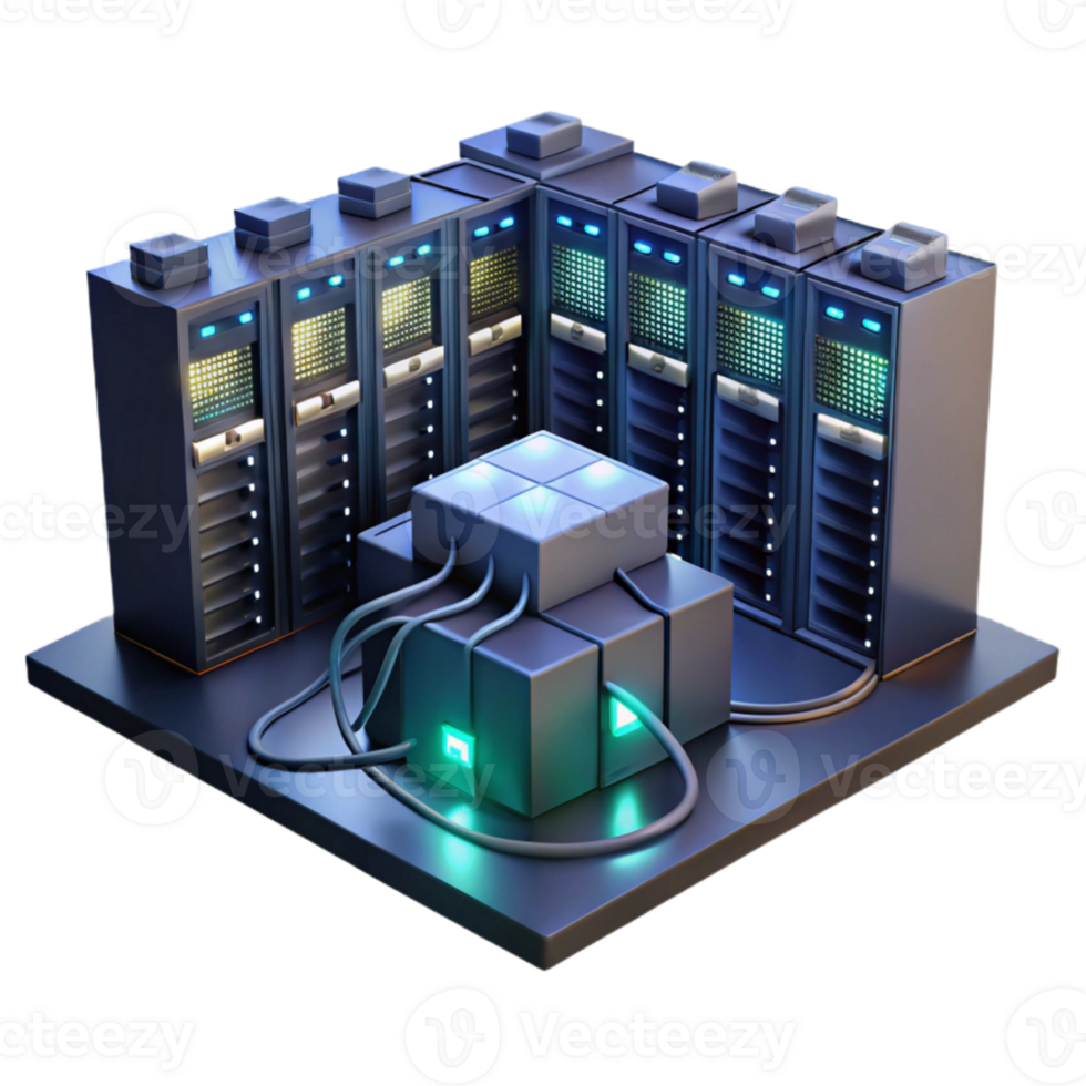 vibrant creative A server room filled with blinking lights and cables, complex network infrastructure, dark environment, realistic style detailed png