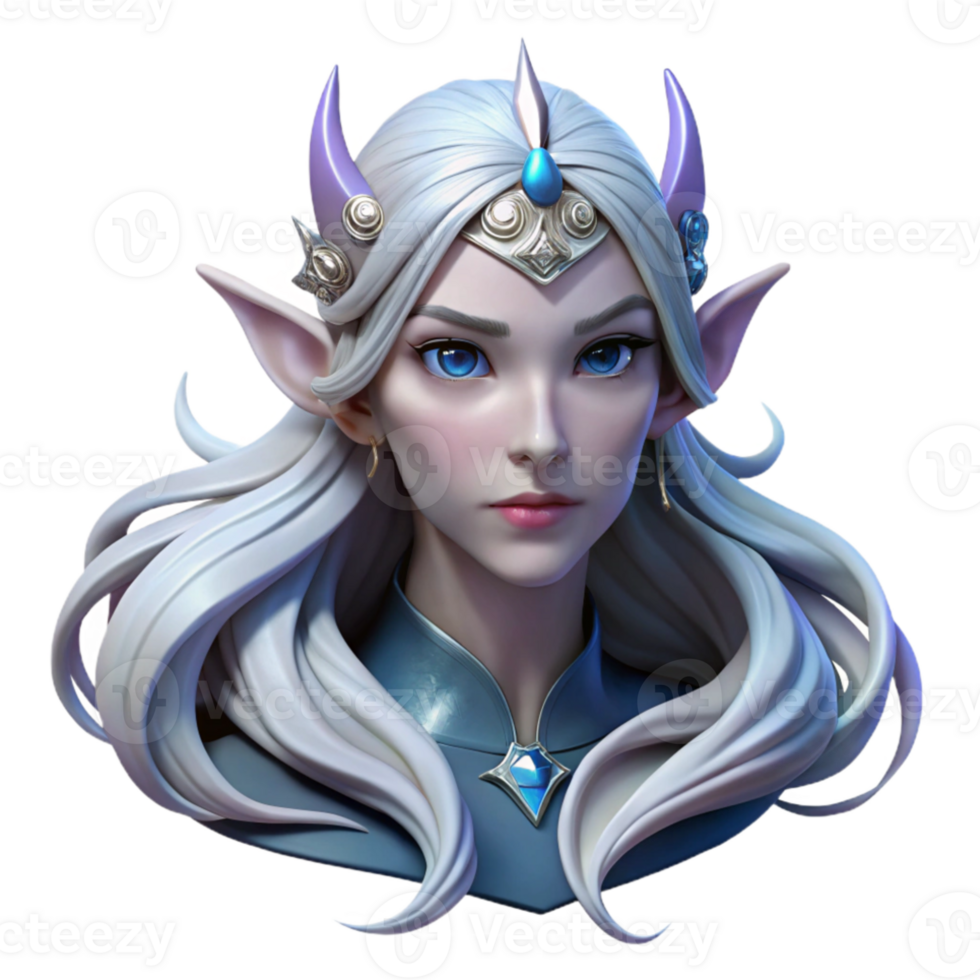 vibrant abstract Portrait of a majestic elf queen with flowing silver hair and ethereal features, illuminated by moonlight, fantasy art style premium png