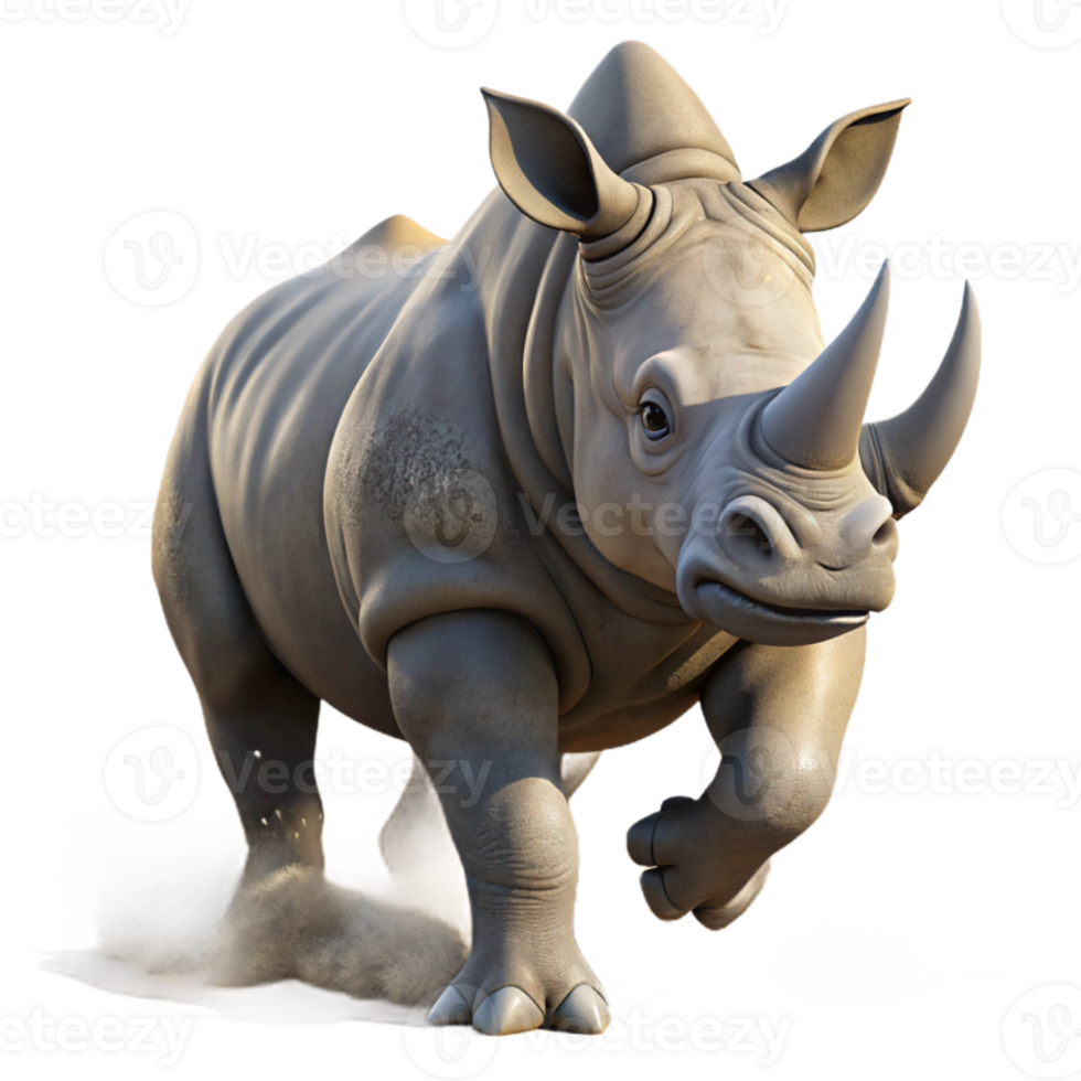 impressive traditional A powerful rhinoceros charging through the savanna, dust billowing behind it, dramatic and intense professional png