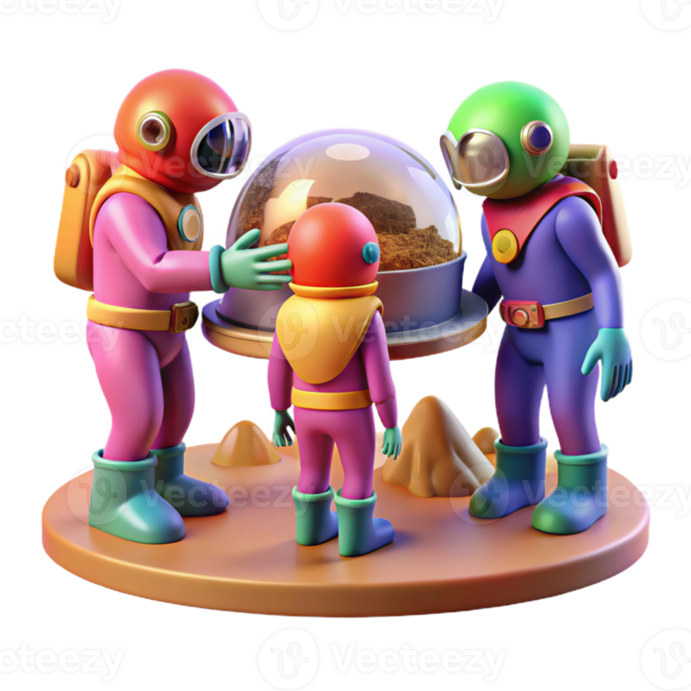 vibrant vintage A group of space explorers in colorful spacesuits, examining a strange alien artifact on a barren planet, bright and contrasting lighting, comic book style detailed png