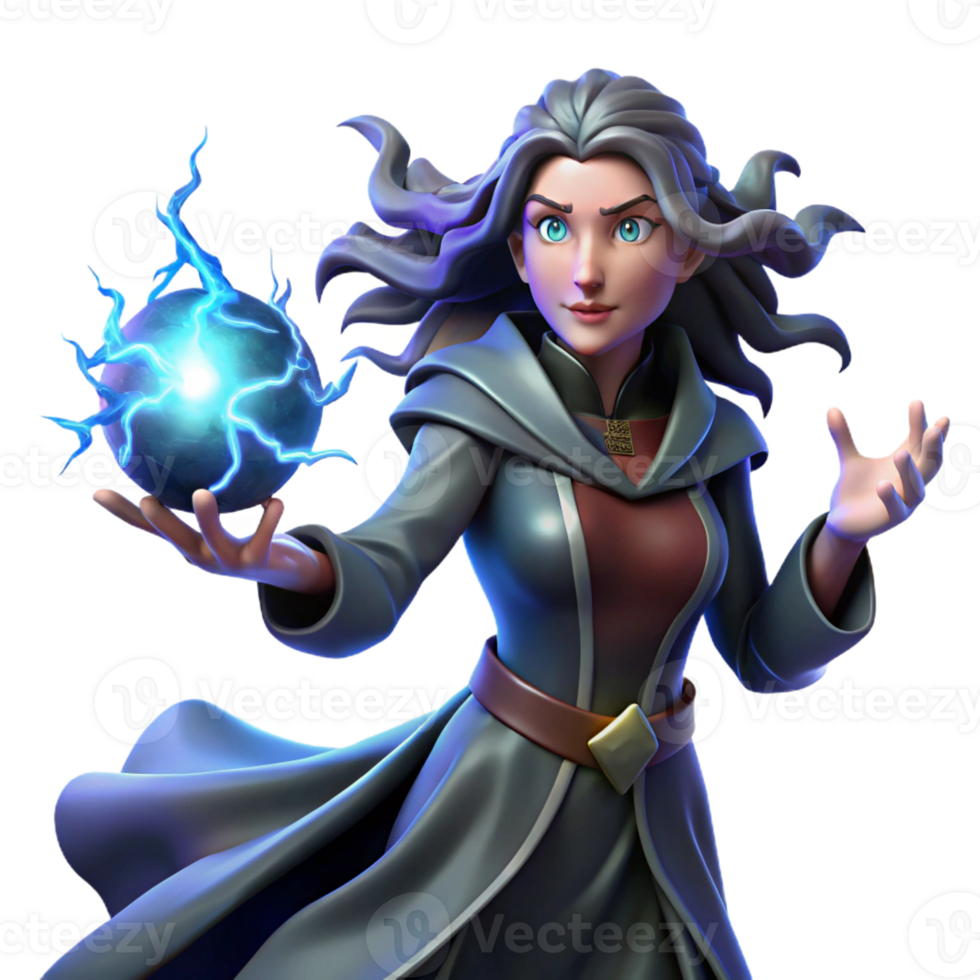 beautiful creative A powerful sorceress with flowing raven hair, summoning a crackling sphere of pure energy, illuminated by dramatic lightning. Baroque painting style original png