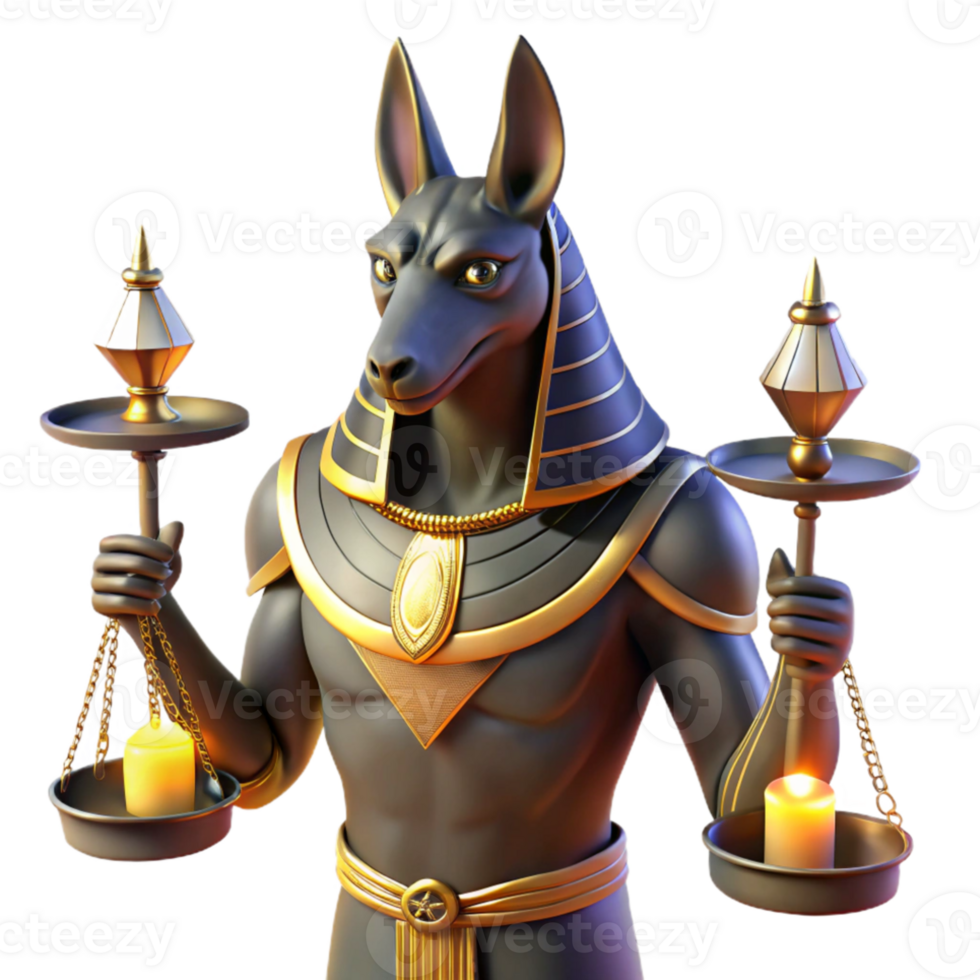 magnificent creative An enigmatic Anubis, with the head of a jackal, holding the scales of justice, in a dimly lit temple, illuminated by flickering torches. Egyptian art style genuine png