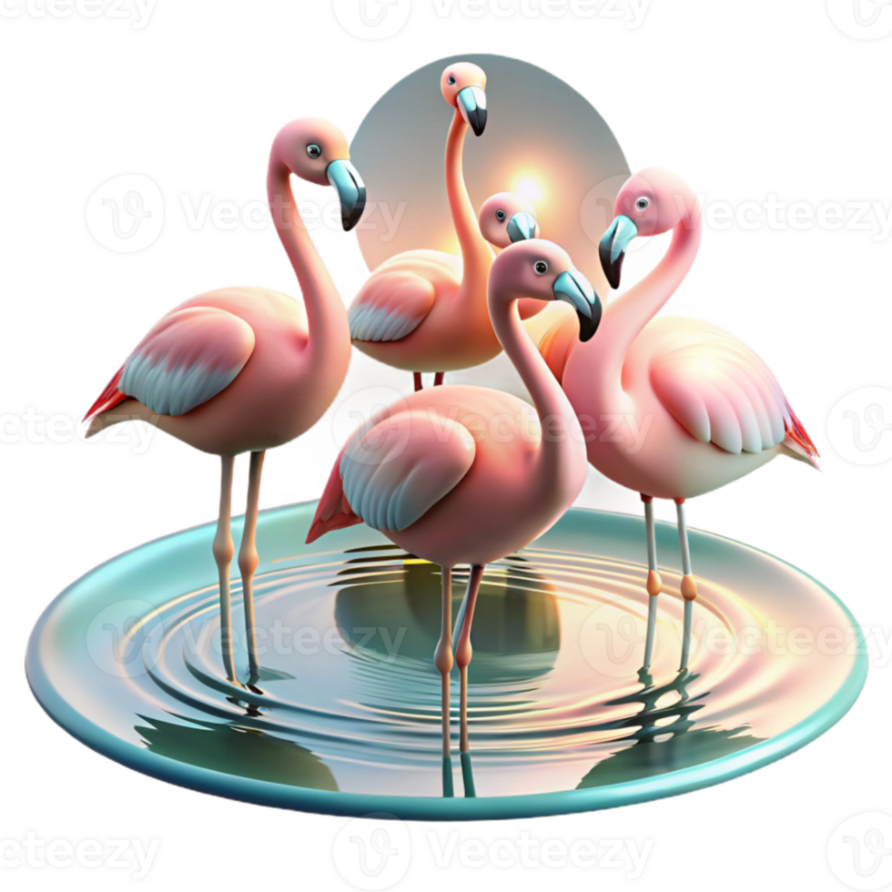 wonderful vintage A group of flamingos wading in a shallow lake, with their reflections shimmering in the water, under a soft, pastel sky, in a graceful, nature photography style detailed png