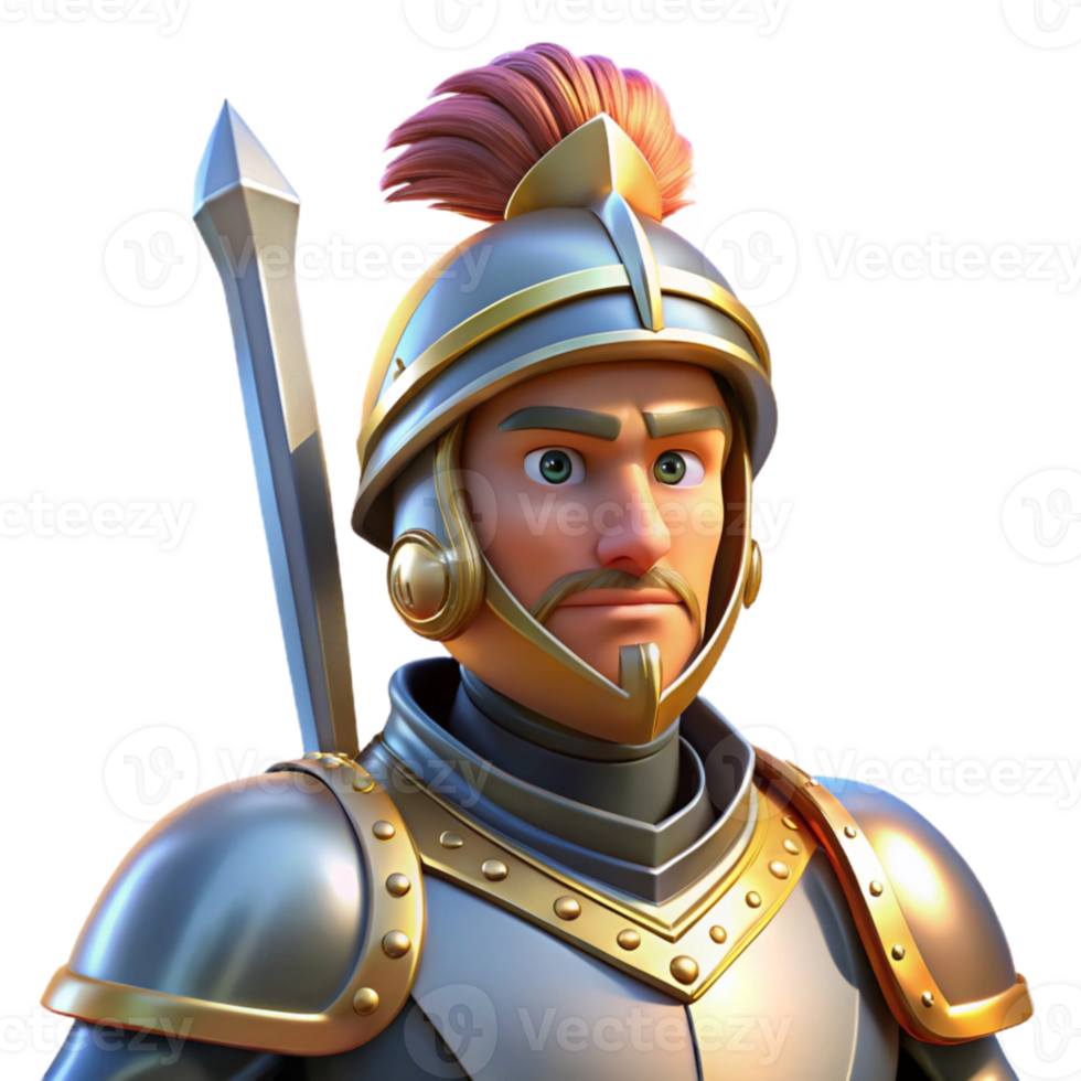 beautiful abstract Portrait of a noble knight in shining armor with a plumed helmet, a chivalrous expression, and a gleaming sword, lit by bright sunlight exclusive png