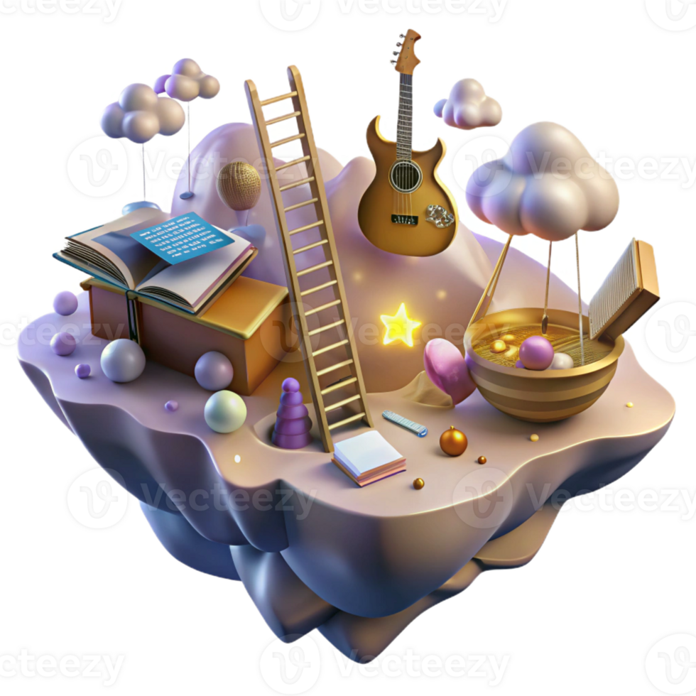 wonderful traditional A floating island composed of books and musical instruments, connected by ladders of light, under a nebula sky. Digital painting style original png