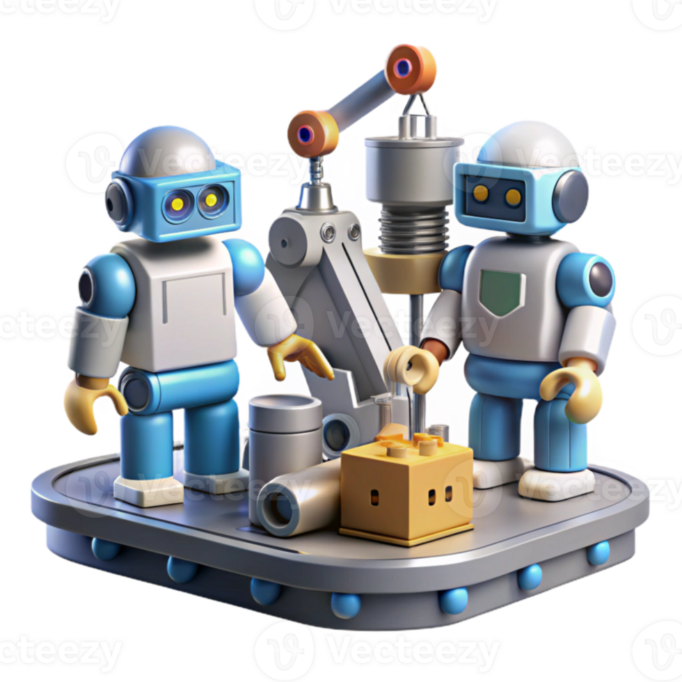 serene rustic A group of robots, with diverse designs and functions, work together in a futuristic factory. Industrial lighting high resolution png