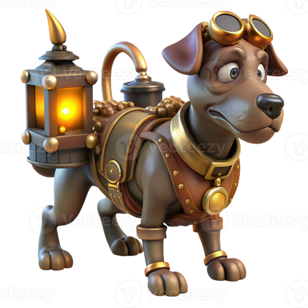 wonderful abstract A steampunk robotic dog, with exposed gears and pistons, carrying a small leather satchel, under the dim, flickering light of a gas lamp premium png