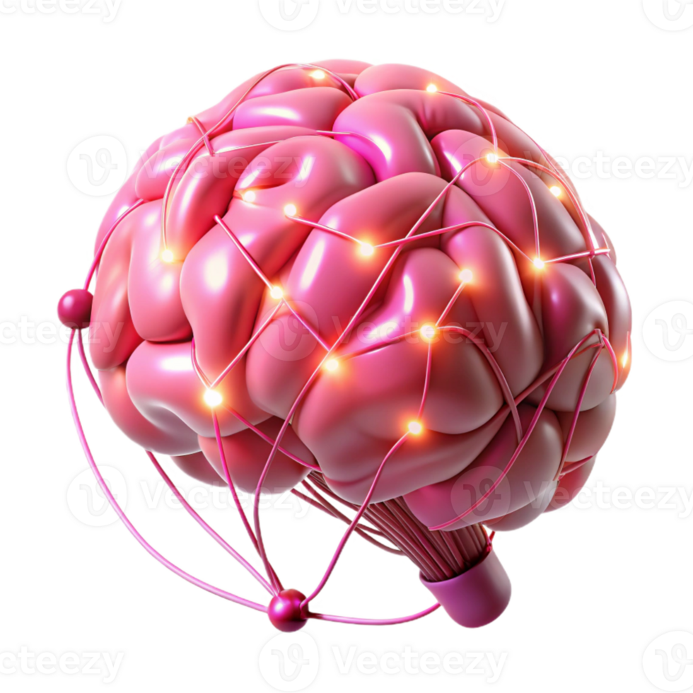 magnificent artistic A human brain connected to a network of glowing wires, illuminated by pulsating pink light, in a cyberpunk style 4K png