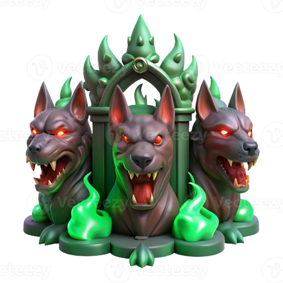 magnificent modern A three-headed Cerberus, each head a different shade of fiery red, guarding a gate of polished obsidian, illuminated by ethereal green flames. Dark fantasy style high quality png