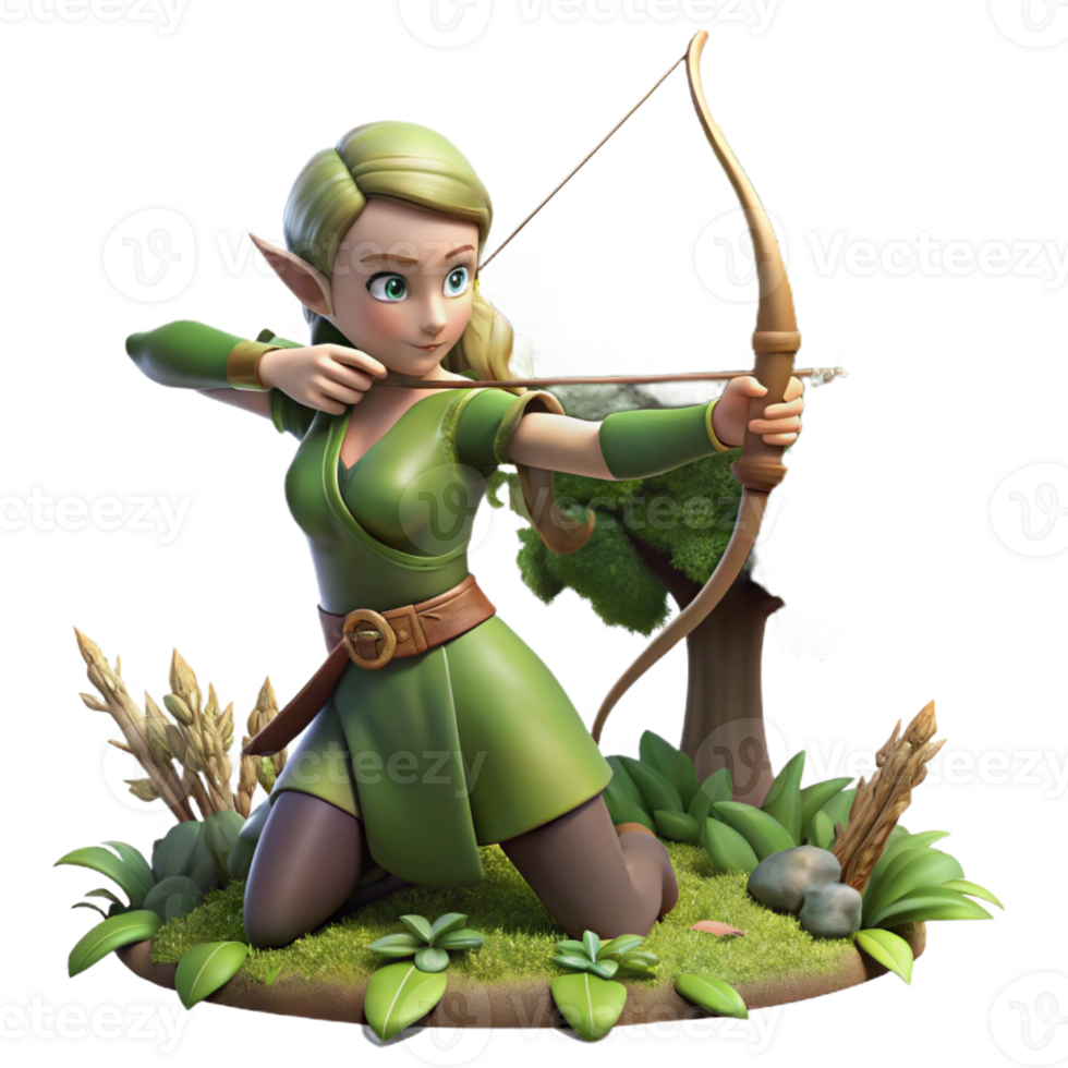 impressive minimalist A graceful elf archer aiming her enchanted bow, adorned with intricate elven script, in a lush, vibrant forest. Soft, natural lighting. Art Nouveau style professional png