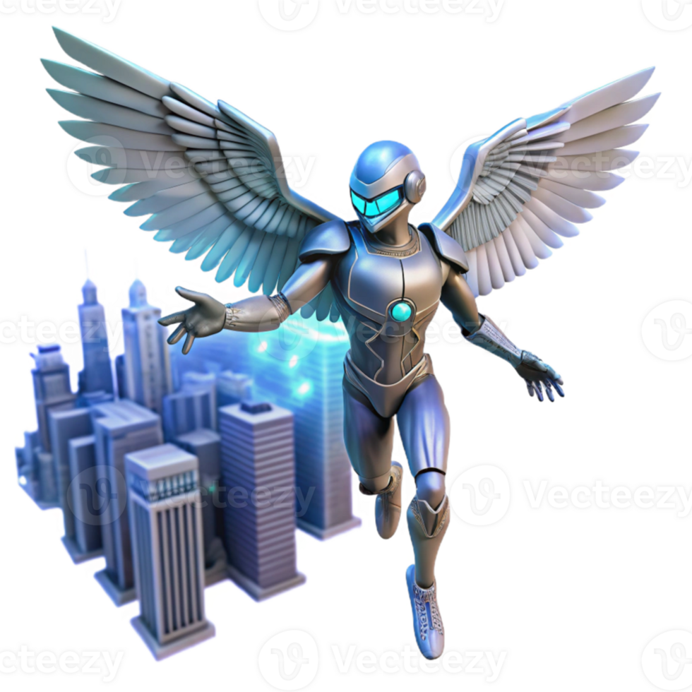 serene minimalist A cyborg with bird wings flying over a futuristic city, dynamic lighting, freedom, fantasy style exclusive png