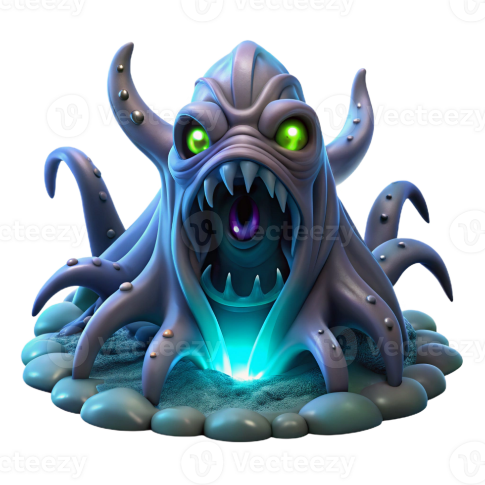 dramatic minimalist A monstrous, tentacled creature emerging from a deep-sea vent, illuminated by bioluminescent organisms, with glowing eyes. Cosmic horror style authentic png