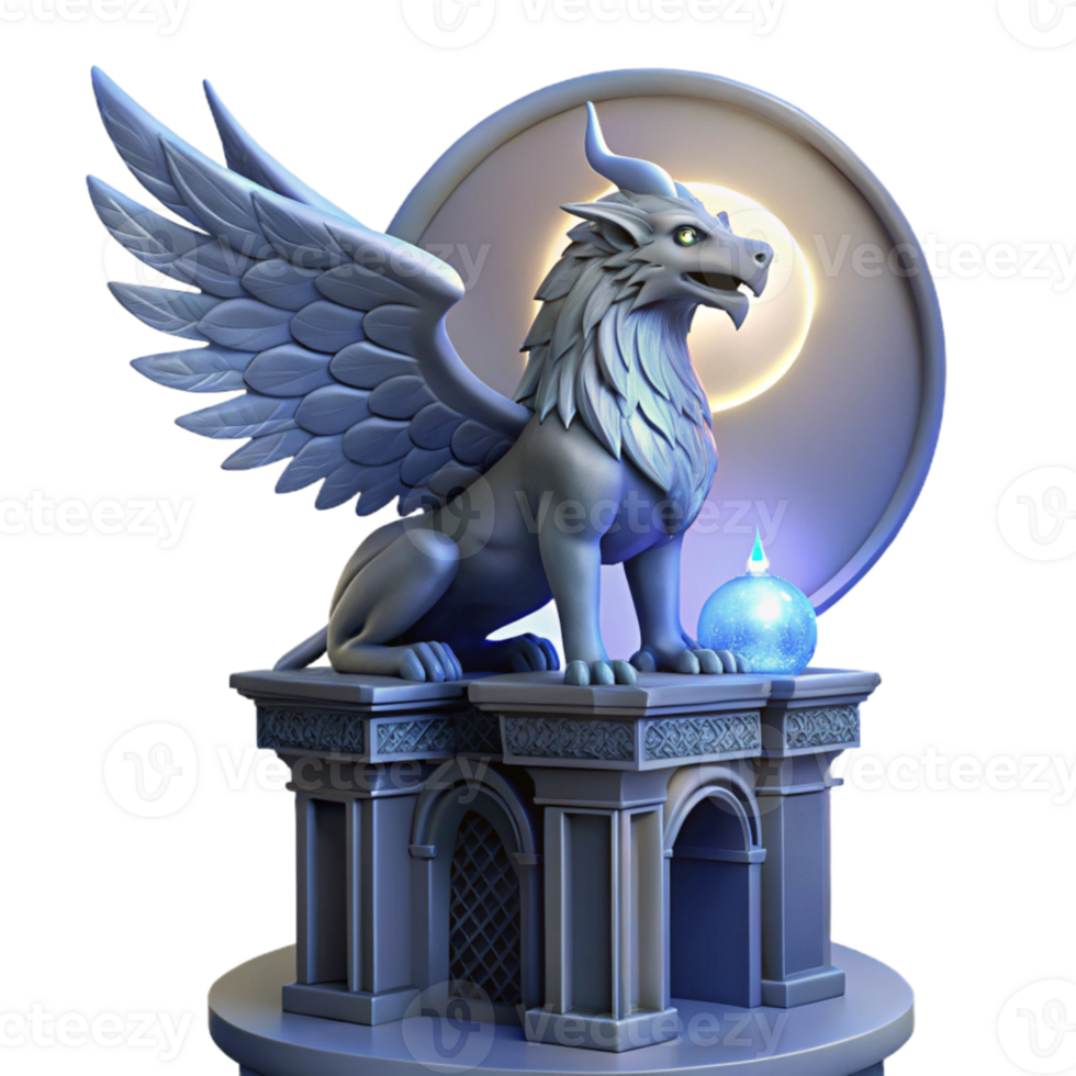 elegant minimalist A majestic griffin perched atop a crumbling obsidian tower, illuminated by ethereal moonlight, Art Nouveau style original png