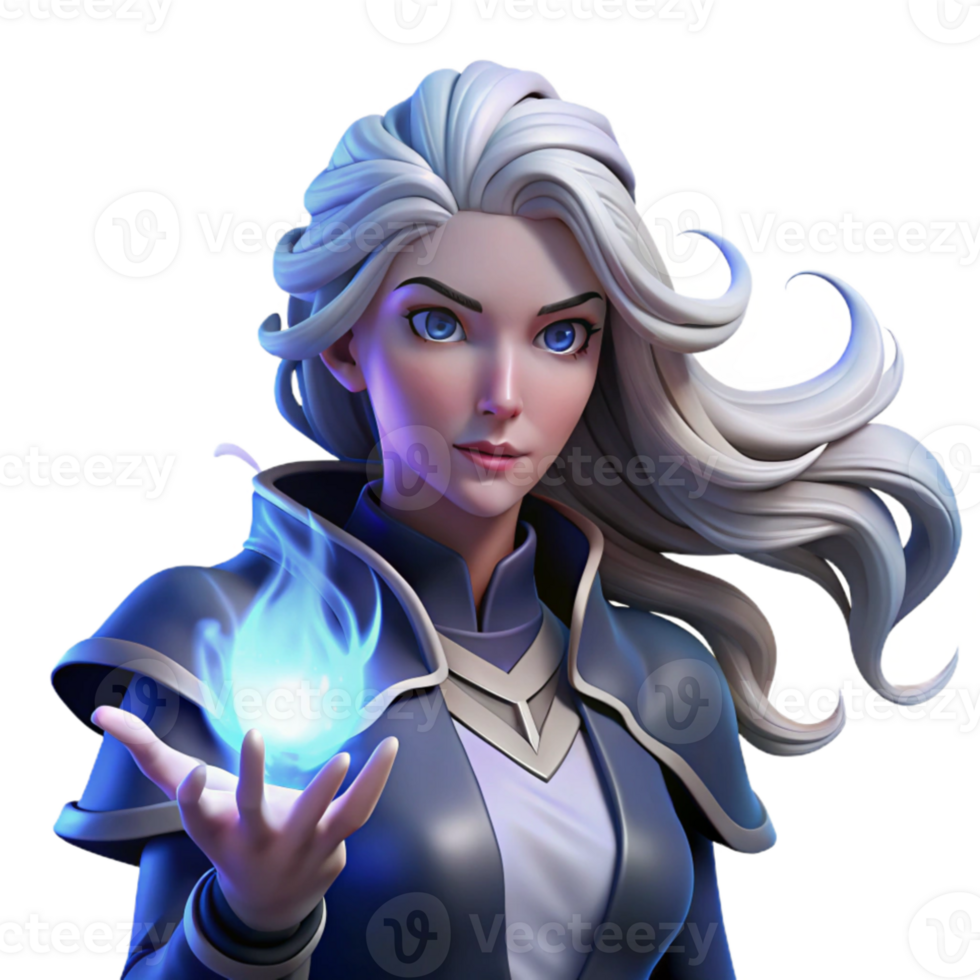 stunning creative Portrait of a powerful sorceress with flowing white hair and glowing hands, lit by magical energy, in a digital painting style premium png