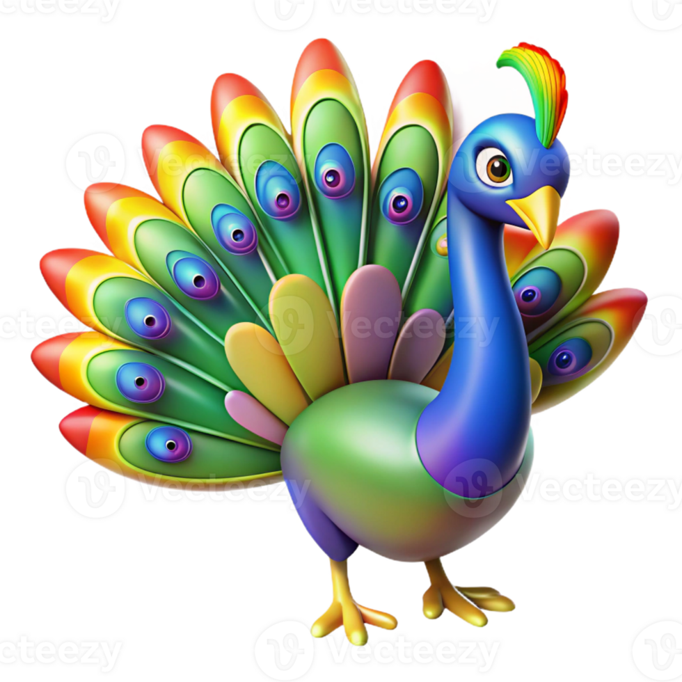 beautiful artistic A proud peacock displaying its vibrant tail feathers, illuminated by a dazzling, rainbow light, rendered in a majestic, Art Deco cartoon style detailed png