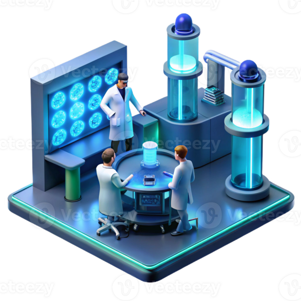 impressive classic A futuristic laboratory with glowing equipment and holographic displays, scientists working in the background, cool blue lighting, sci-fi style professional png
